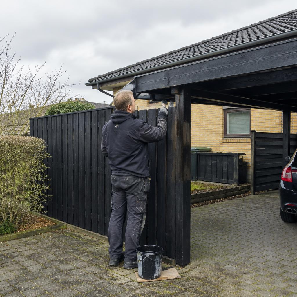 Sort træbeskyttelse på hegn og carport